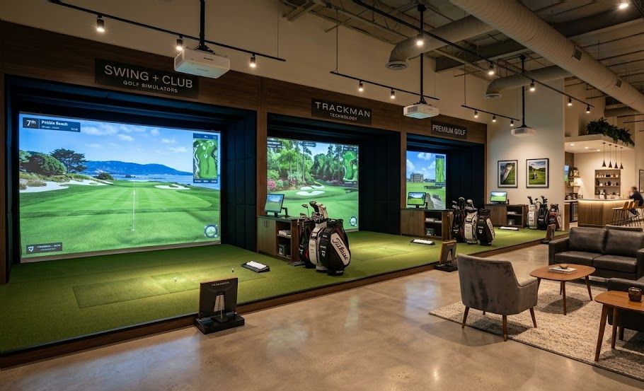 Interior of an indoor golf simulator business with hitting bays and screens, representing startup costs.
