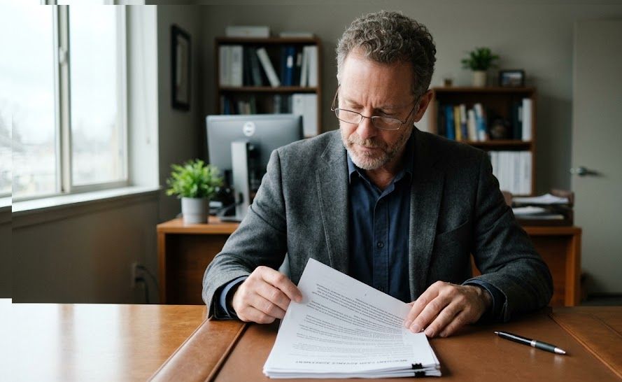 Business owner reading the confession of judgment section of a merchant cash advance agreement at a desk.