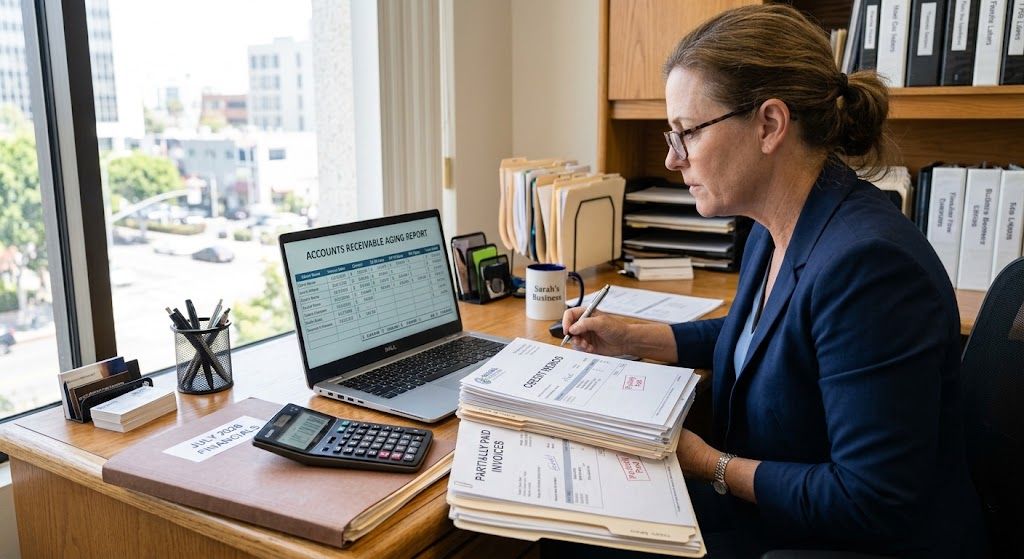 Business owner reviewing credit memos and short paid invoices against an accounts receivable report.