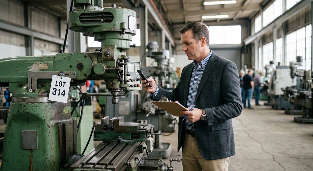 Business owner inspecting industrial machinery at an equipment auction preview before arranging financing.