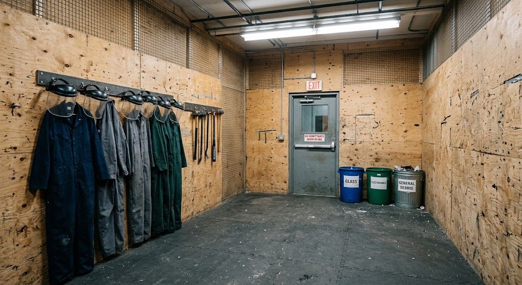Interior of a rage room with reinforced walls, protective gear on a rack and debris bins, representing startup costs.