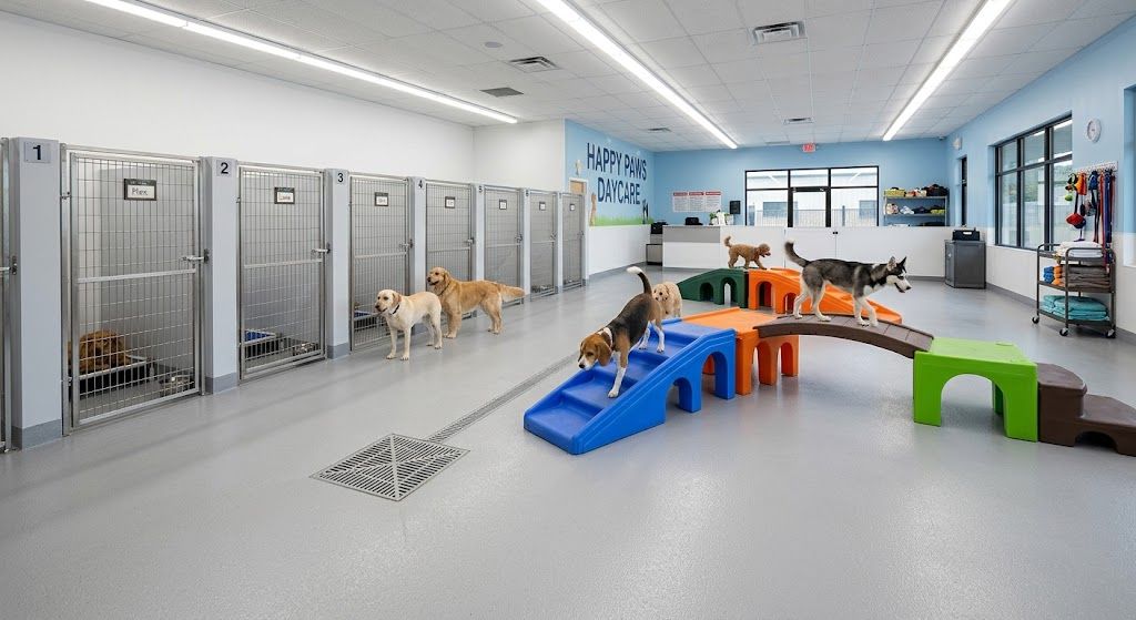 Interior of a modern dog daycare with sealed flooring, play areas and kennel panels, representing startup costs.