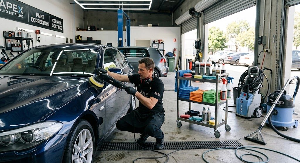 Business owner detailing a car with a polisher in a clean two bay shop, representing car detailing startup costs.