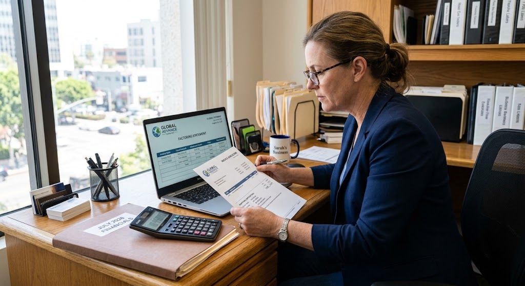 Business owner reviewing remittance instructions and a factoring statement at an office desk.