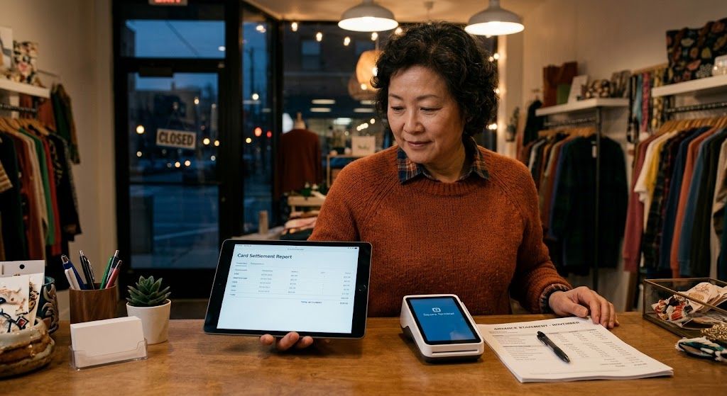 Business owner reviewing daily card settlement reports and a merchant cash advance statement at a counter.