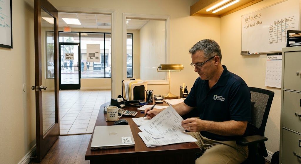 Franchise owner reviewing royalty statements and payroll figures at a back office desk, planning working capital.
