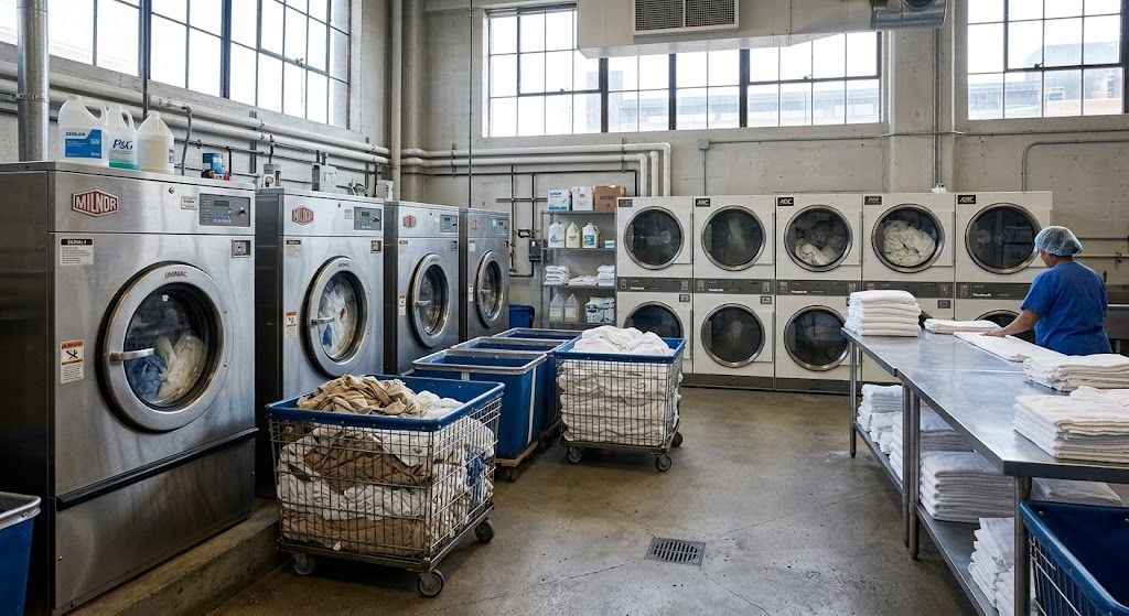 Commercial washer-extractors and industrial dryers in an on-premises laundry room, representing laundry equipment financing.