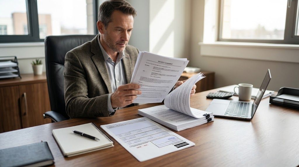 Business owner comparing a UCC-1 filing printout with a security agreement before factoring with an existing UCC lien.
