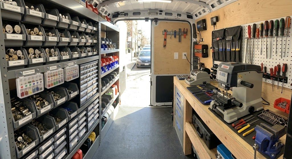 Mobile locksmith van interior with tool shelving and a key-cutting machine, representing locksmith business startup costs.