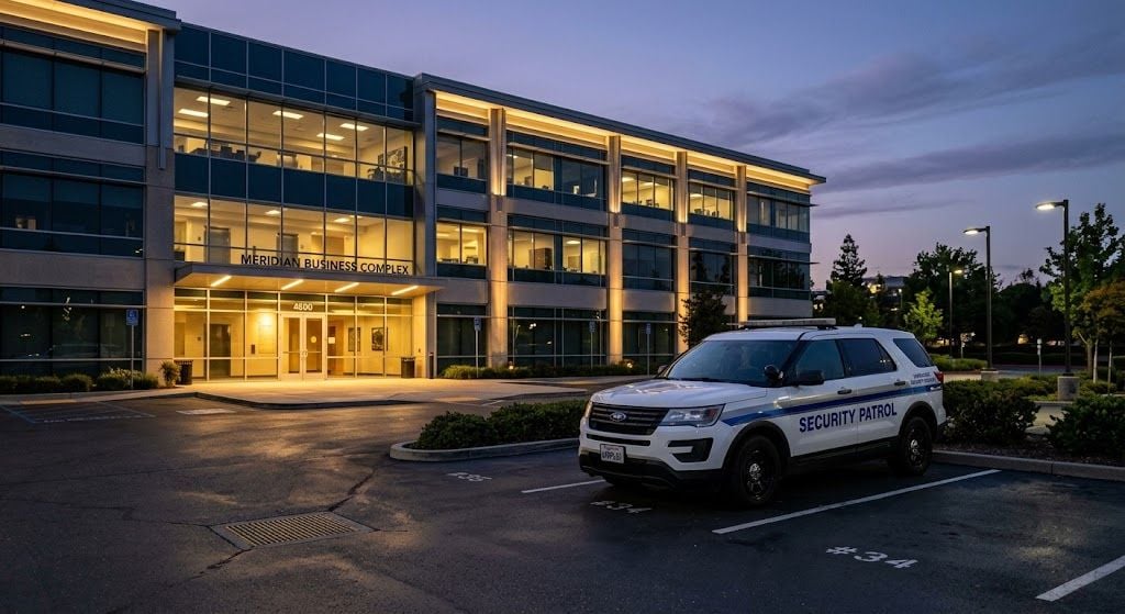 Marked security patrol vehicle outside a commercial building at dusk, representing security company startup costs.