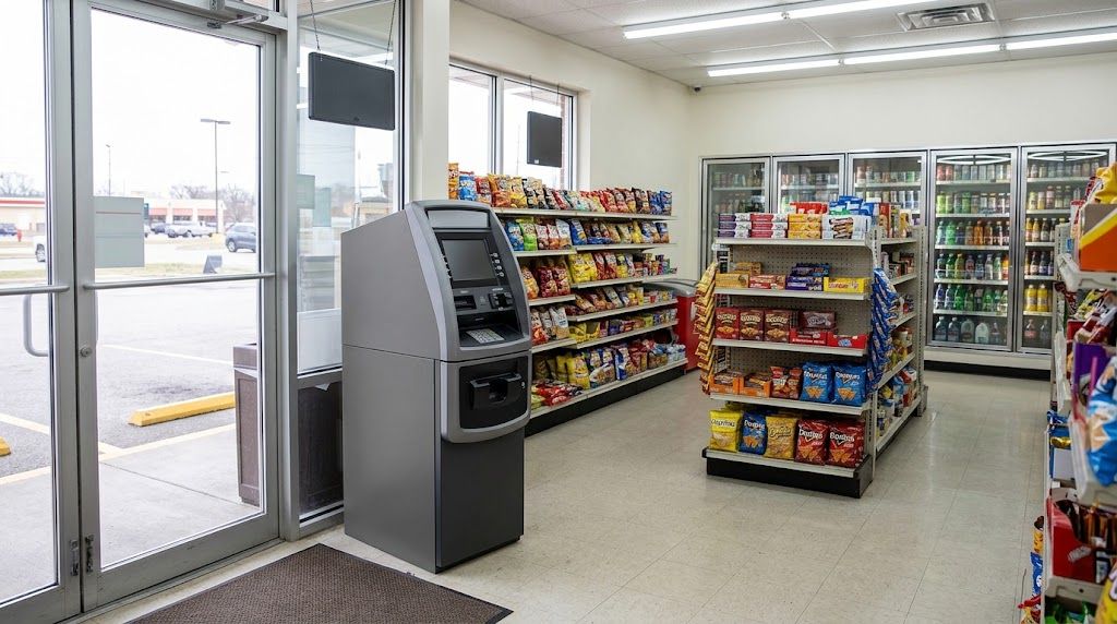 Freestanding ATM inside a small convenience store, representing the cost to start an ATM business route.