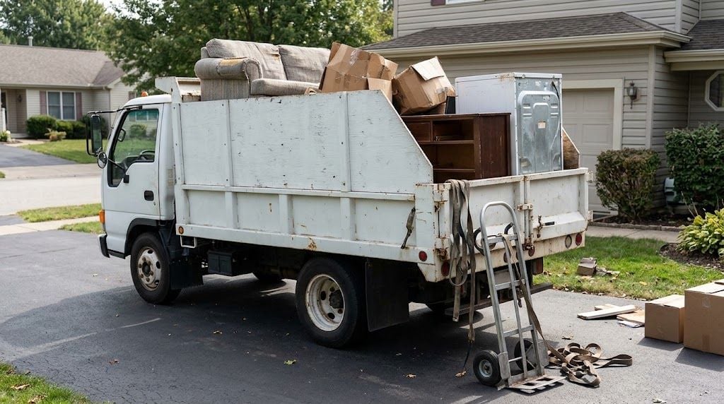 Junk removal truck loaded with furniture and boxes in a driveway, showing how to start a junk removal business.
