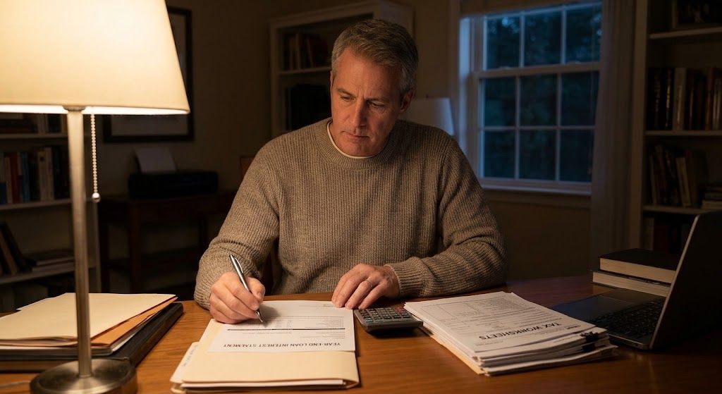 Business owner reviewing a loan interest statement with tax worksheets to check if a business loan is tax deductible.