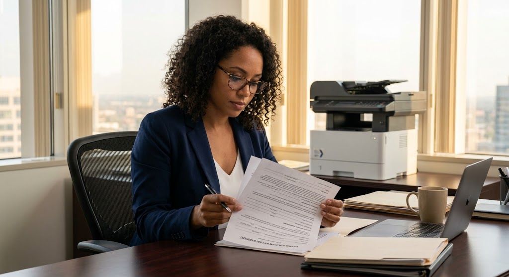 Business owner reviewing an office equipment leasing agreement beside a multifunction copier in a neutral office.