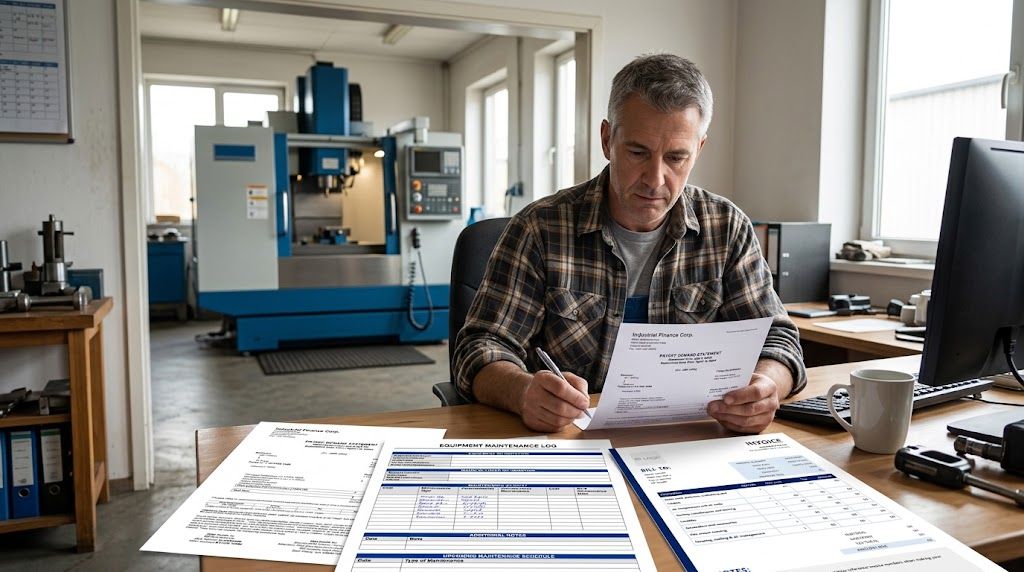 Business owner reviewing an equipment loan payoff statement and service records to refinance an equipment loan.