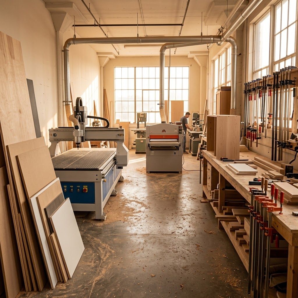 CNC router and wide-belt sander in a small cabinet shop, representing woodworking equipment financing.